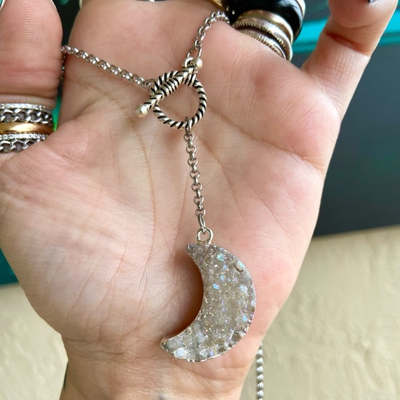 Lariat Y shape necklace iridescent druzy quartz crecent moon charm - Picture 7 of 11